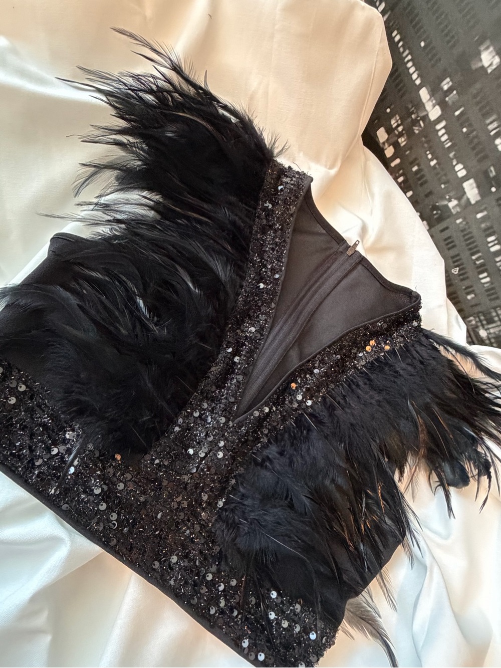 SHEIN Black Feather & Sequin V-Neck Crop Top